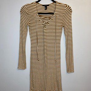 FOREVER 21 Long Sleeved Lace Up Bodycon Dress in Mustard Stripe (Size S)
